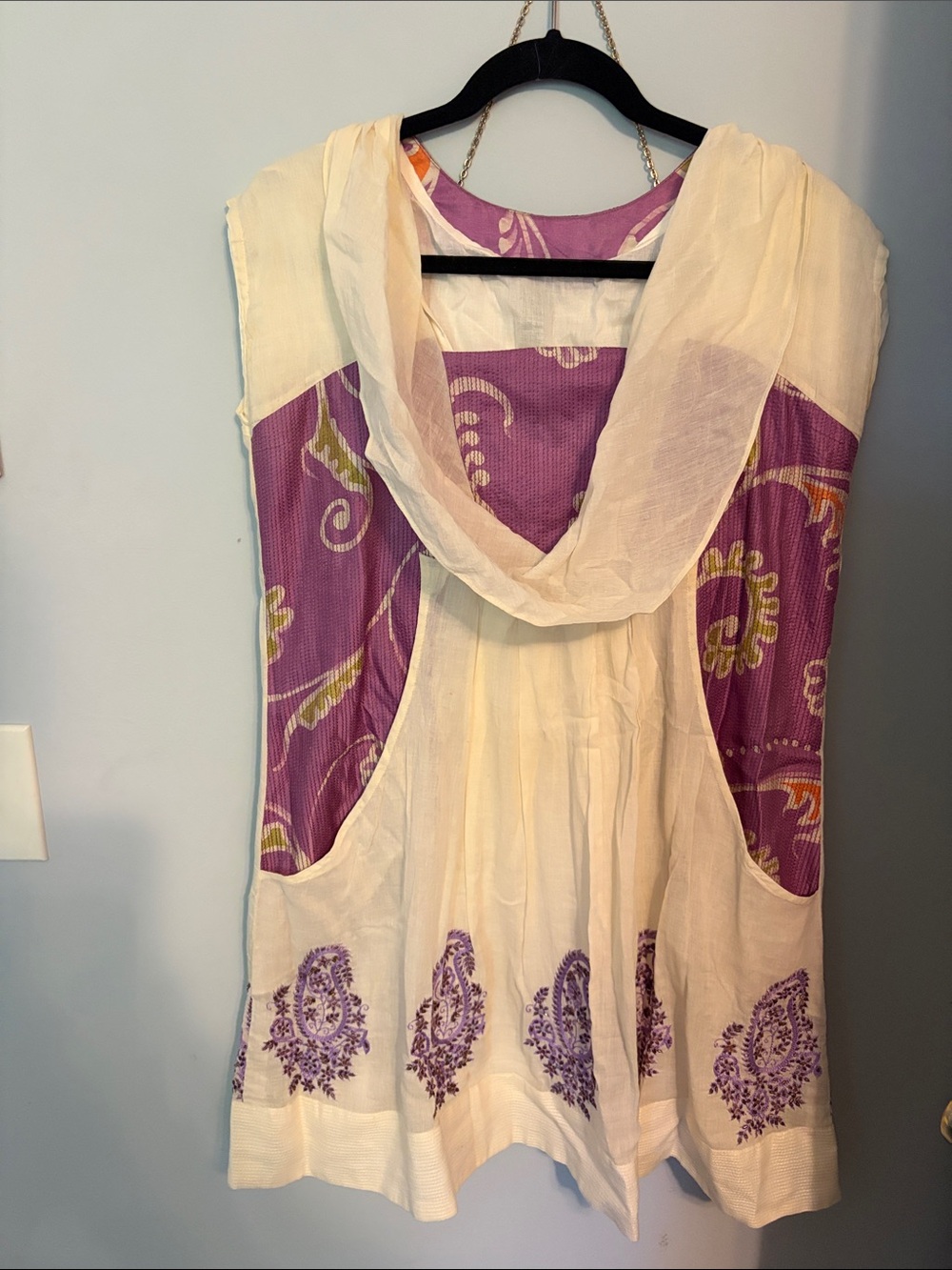Cream & Purple Printed Ethnic Tunic Kurta
